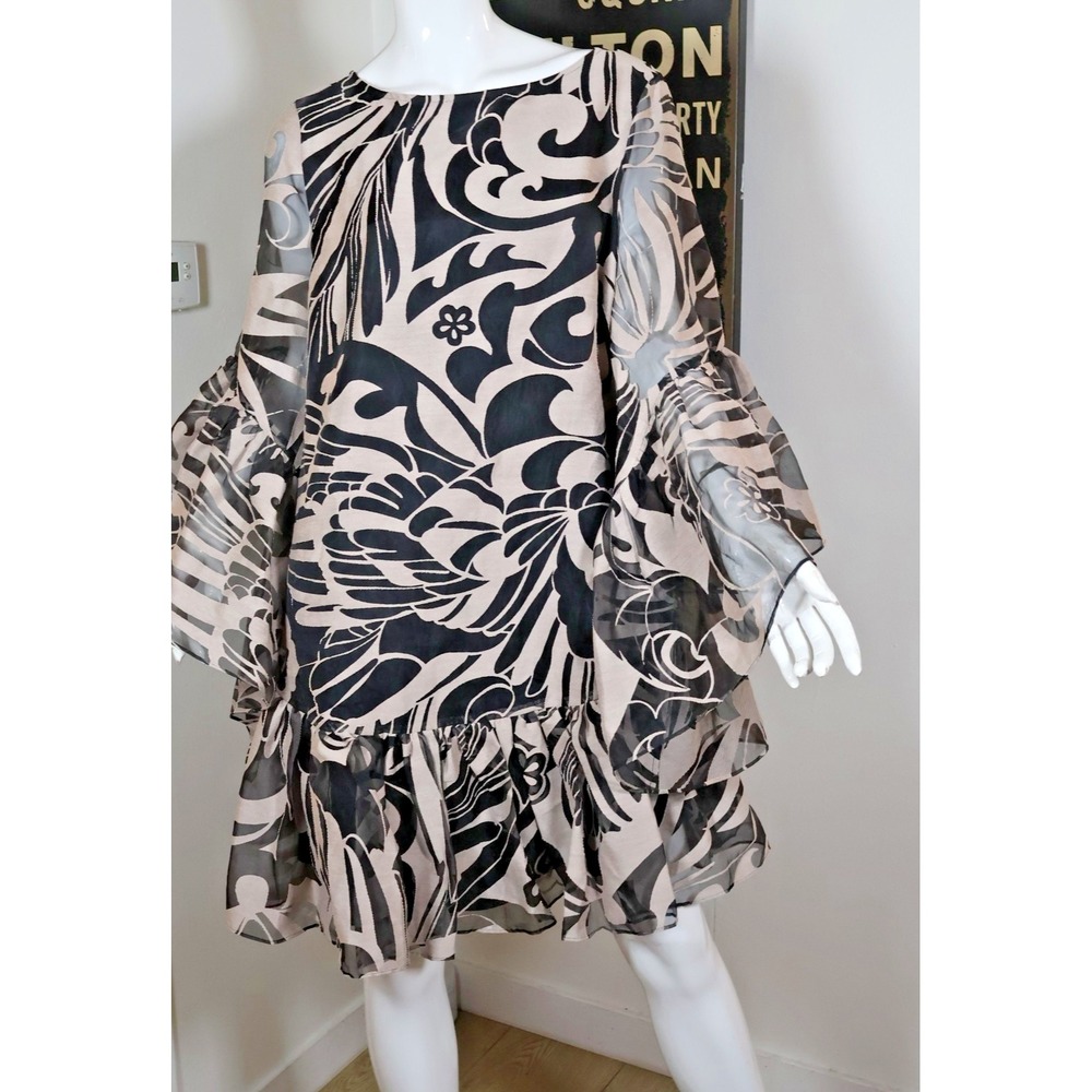 Trina Turk  Dress Size 14  Beige Black  Bell Sleeve Ruffle Mini